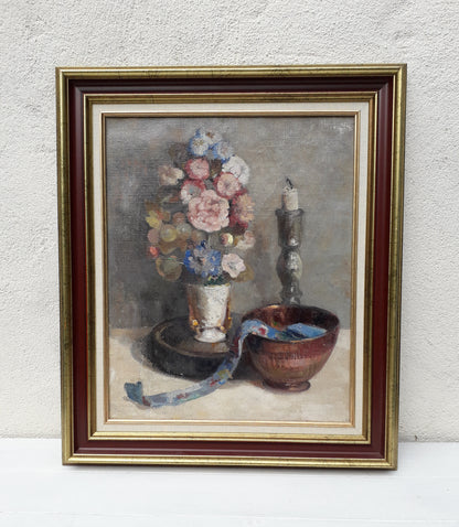 Original large French vintage/antique still life painting on canvas created with confident, thick oil paint and presented within a suitable although more modern frame - a beautiful piece of original art. On the back of the canvas frame someone has written 'Denis Bruneau ou Brunaud', so I assume he's the artist although I cannot see a signature to confirm this. In summary a really beautiful piece of original art bought at a French auction.
