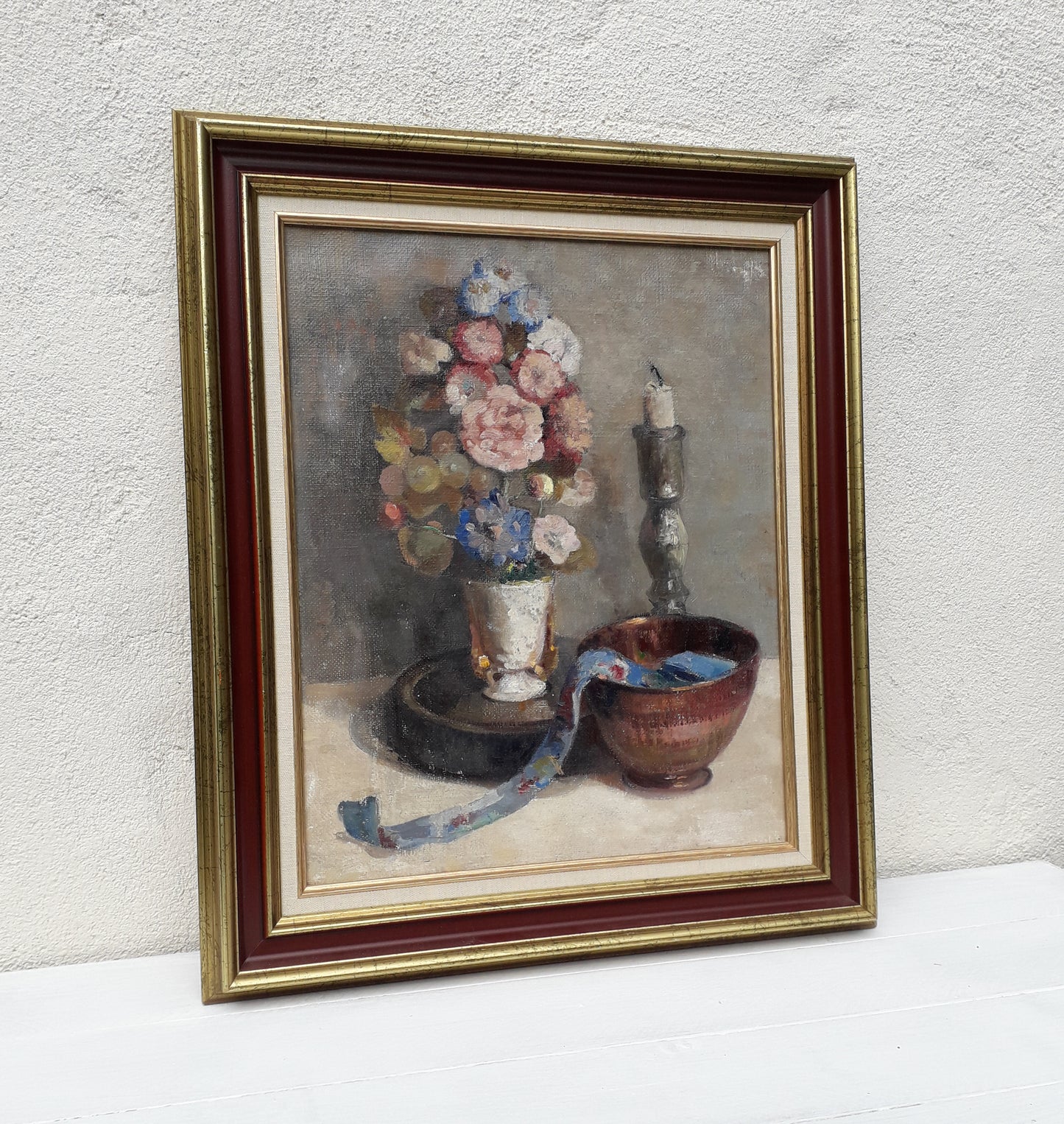 Original large French vintage/antique still life painting on canvas created with confident, thick oil paint and presented within a suitable although more modern frame - a beautiful piece of original art. On the back of the canvas frame someone has written 'Denis Bruneau ou Brunaud', so I assume he's the artist although I cannot see a signature to confirm this. In summary a really beautiful piece of original art bought at a French auction.
