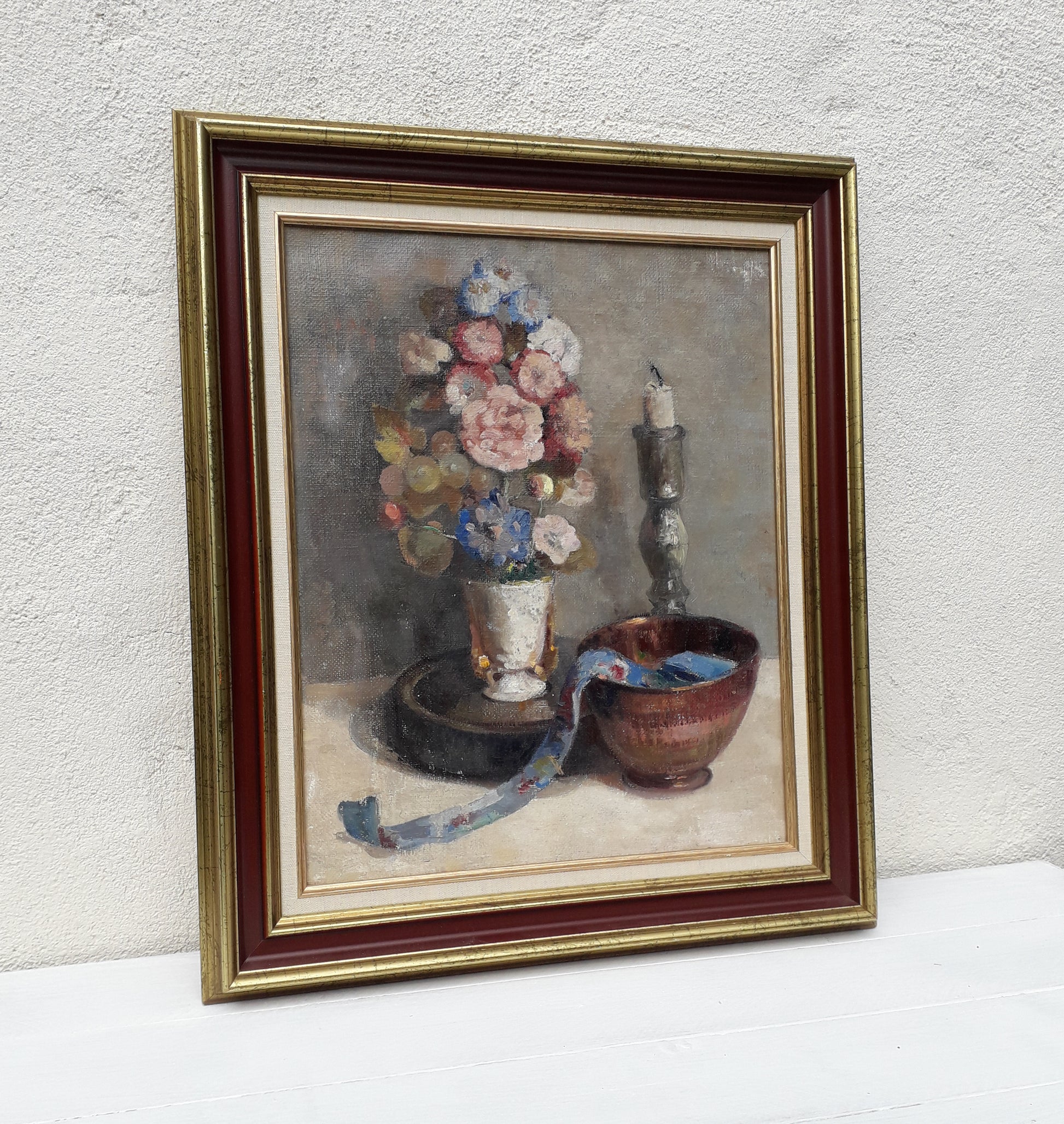 Original large French vintage/antique still life painting on canvas created with confident, thick oil paint and presented within a suitable although more modern frame - a beautiful piece of original art. On the back of the canvas frame someone has written 'Denis Bruneau ou Brunaud', so I assume he's the artist although I cannot see a signature to confirm this. In summary a really beautiful piece of original art bought at a French auction.