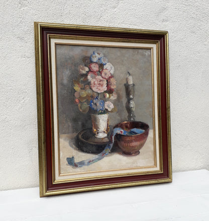 Original large French vintage/antique still life painting on canvas created with confident, thick oil paint and presented within a suitable although more modern frame - a beautiful piece of original art. On the back of the canvas frame someone has written 'Denis Bruneau ou Brunaud', so I assume he's the artist although I cannot see a signature to confirm this. In summary a really beautiful piece of original art bought at a French auction.