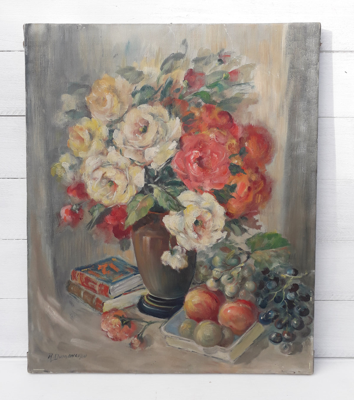 Vintage floral oil painting on stretched canvas