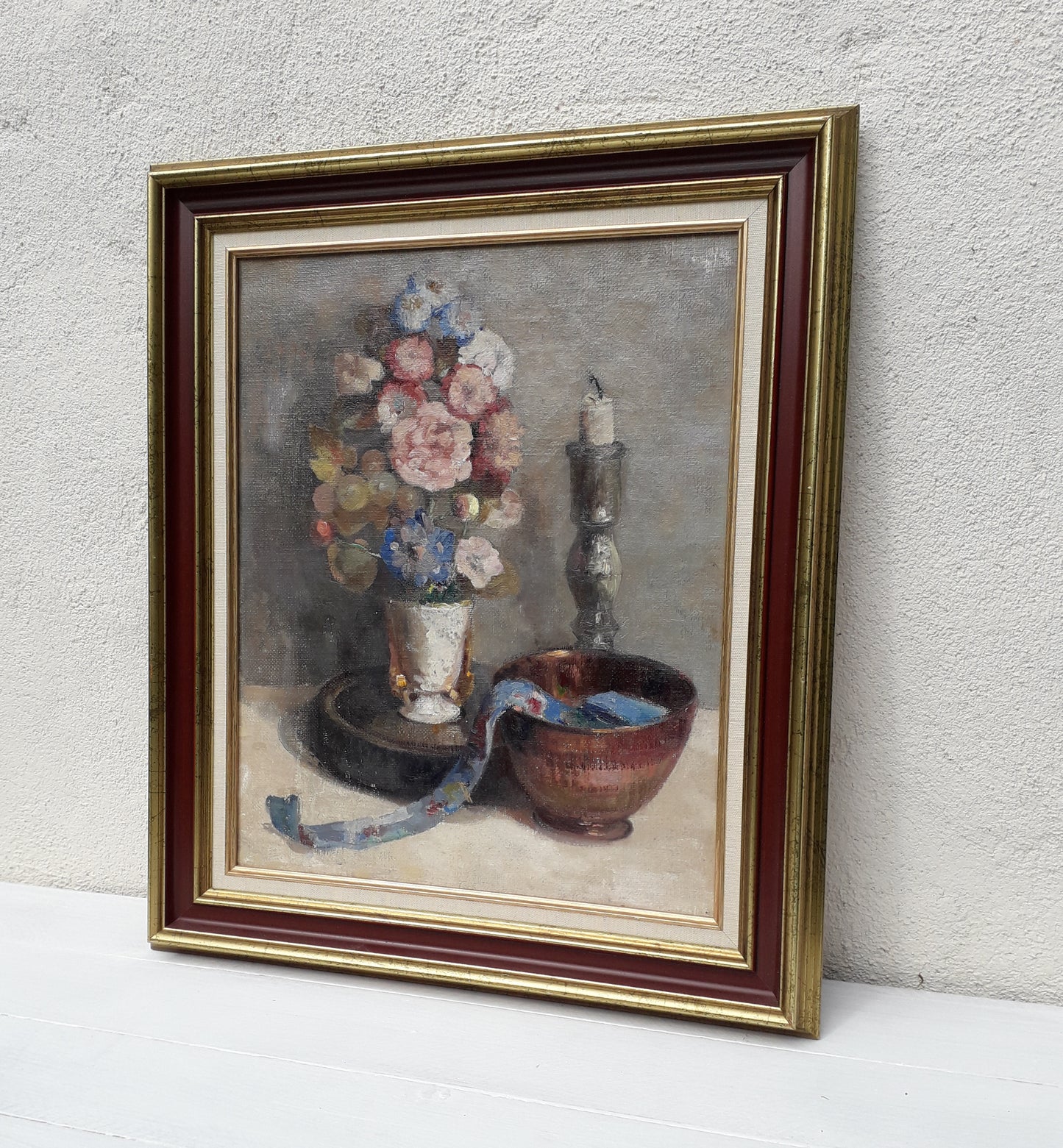 Original large French vintage/antique still life painting on canvas created with confident, thick oil paint and presented within a suitable although more modern frame - a beautiful piece of original art. On the back of the canvas frame someone has written 'Denis Bruneau ou Brunaud', so I assume he's the artist although I cannot see a signature to confirm this. In summary a really beautiful piece of original art bought at a French auction.