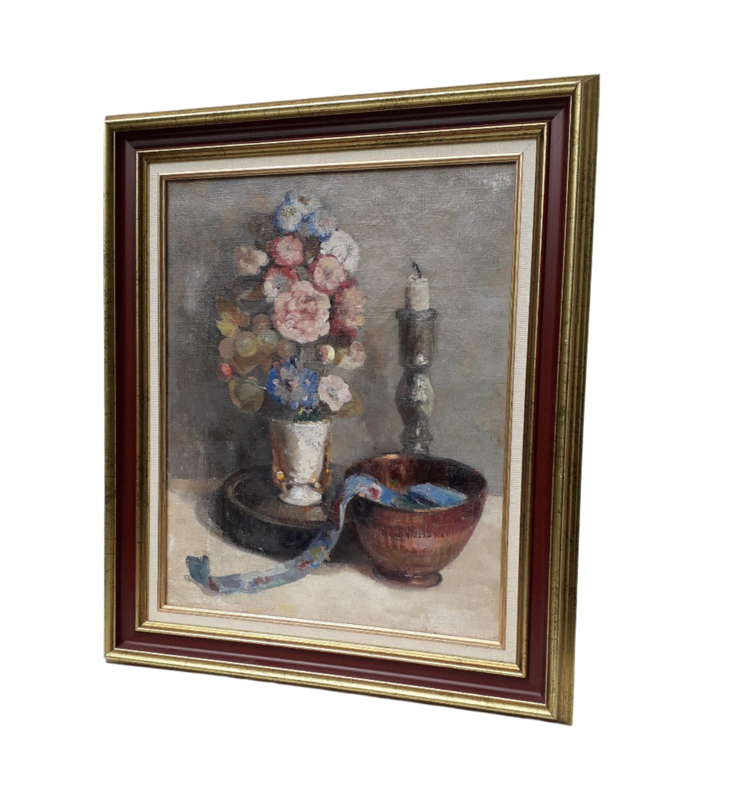 Original large French vintage/antique still life painting on canvas created with confident, thick oil paint and presented within a suitable although more modern frame - a beautiful piece of original art. On the back of the canvas frame someone has written 'Denis Bruneau ou Brunaud', so I assume he's the artist although I cannot see a signature to confirm this. In summary a really beautiful piece of original art bought at a French auction.