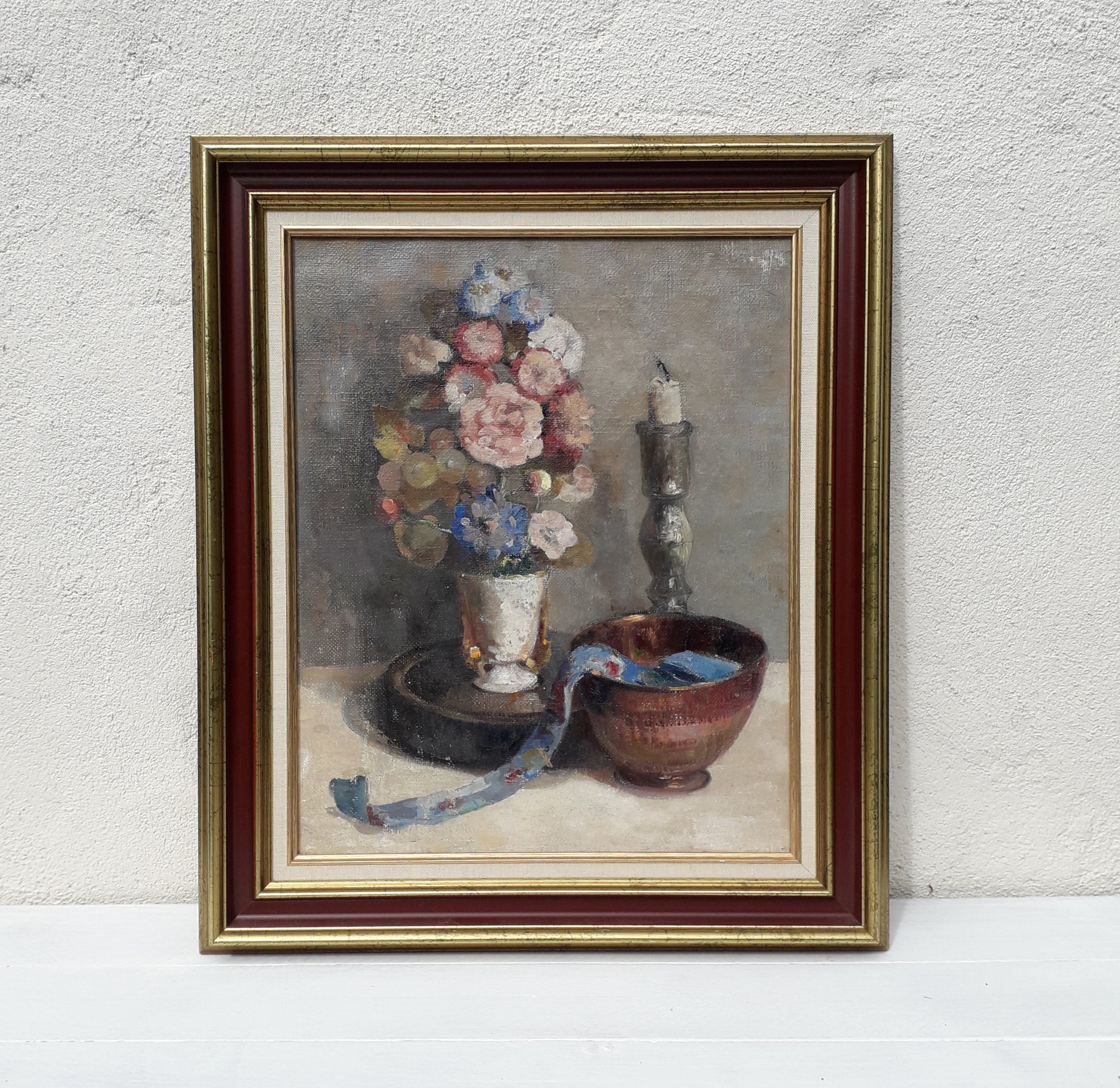 Original large French vintage/antique still life painting on canvas created with confident, thick oil paint and presented within a suitable although more modern frame - a beautiful piece of original art. On the back of the canvas frame someone has written 'Denis Bruneau ou Brunaud', so I assume he's the artist although I cannot see a signature to confirm this. In summary a really beautiful piece of original art bought at a French auction.