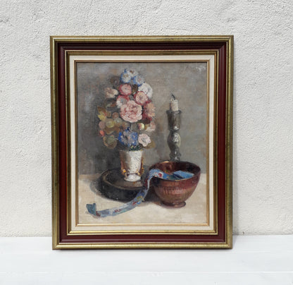 Original large French vintage/antique still life painting on canvas created with confident, thick oil paint and presented within a suitable although more modern frame - a beautiful piece of original art. On the back of the canvas frame someone has written 'Denis Bruneau ou Brunaud', so I assume he's the artist although I cannot see a signature to confirm this. In summary a really beautiful piece of original art bought at a French auction.