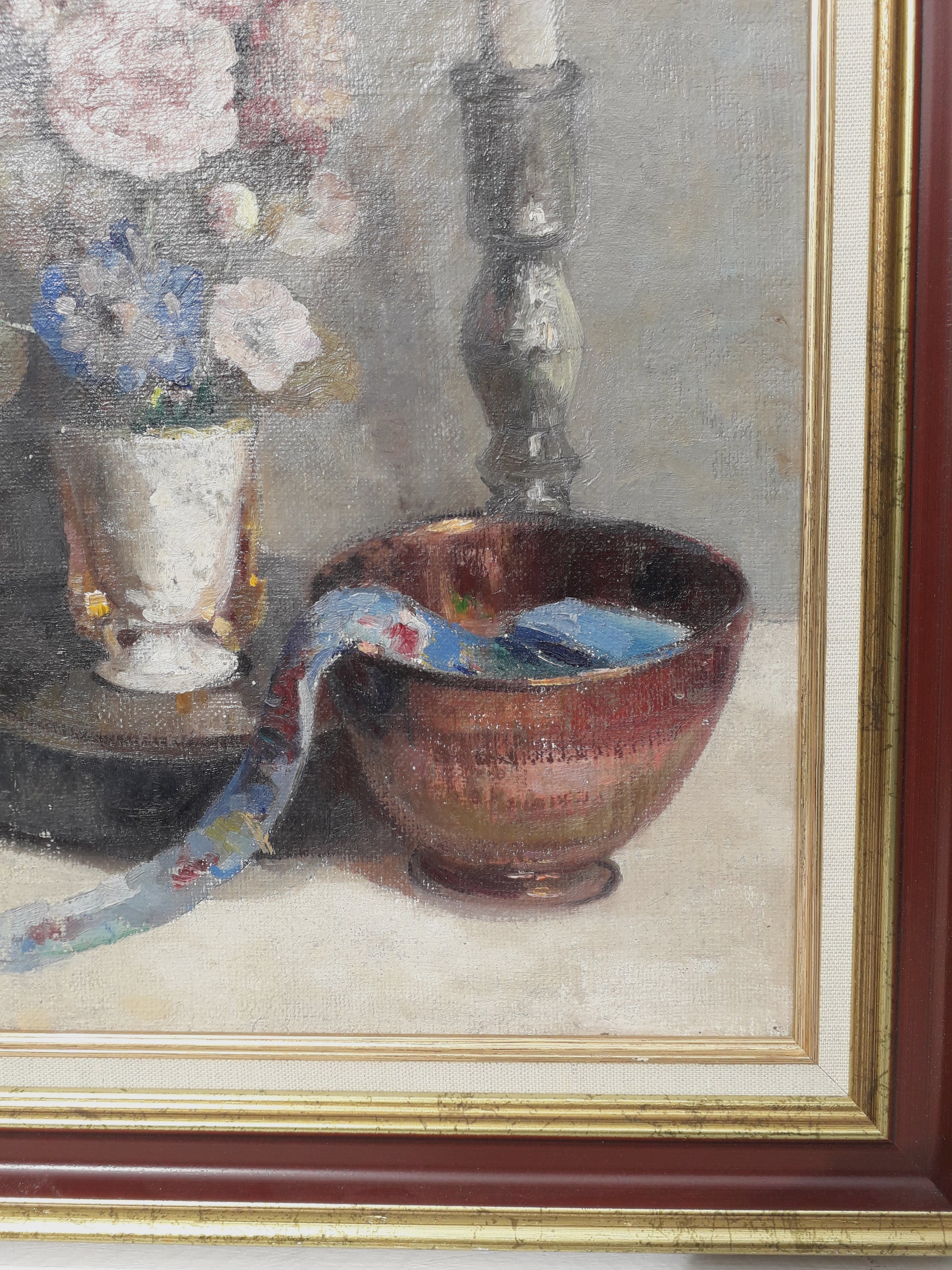 Original large French vintage/antique still life painting on canvas created with confident, thick oil paint and presented within a suitable although more modern frame - a beautiful piece of original art. On the back of the canvas frame someone has written 'Denis Bruneau ou Brunaud', so I assume he's the artist although I cannot see a signature to confirm this. In summary a really beautiful piece of original art bought at a French auction.