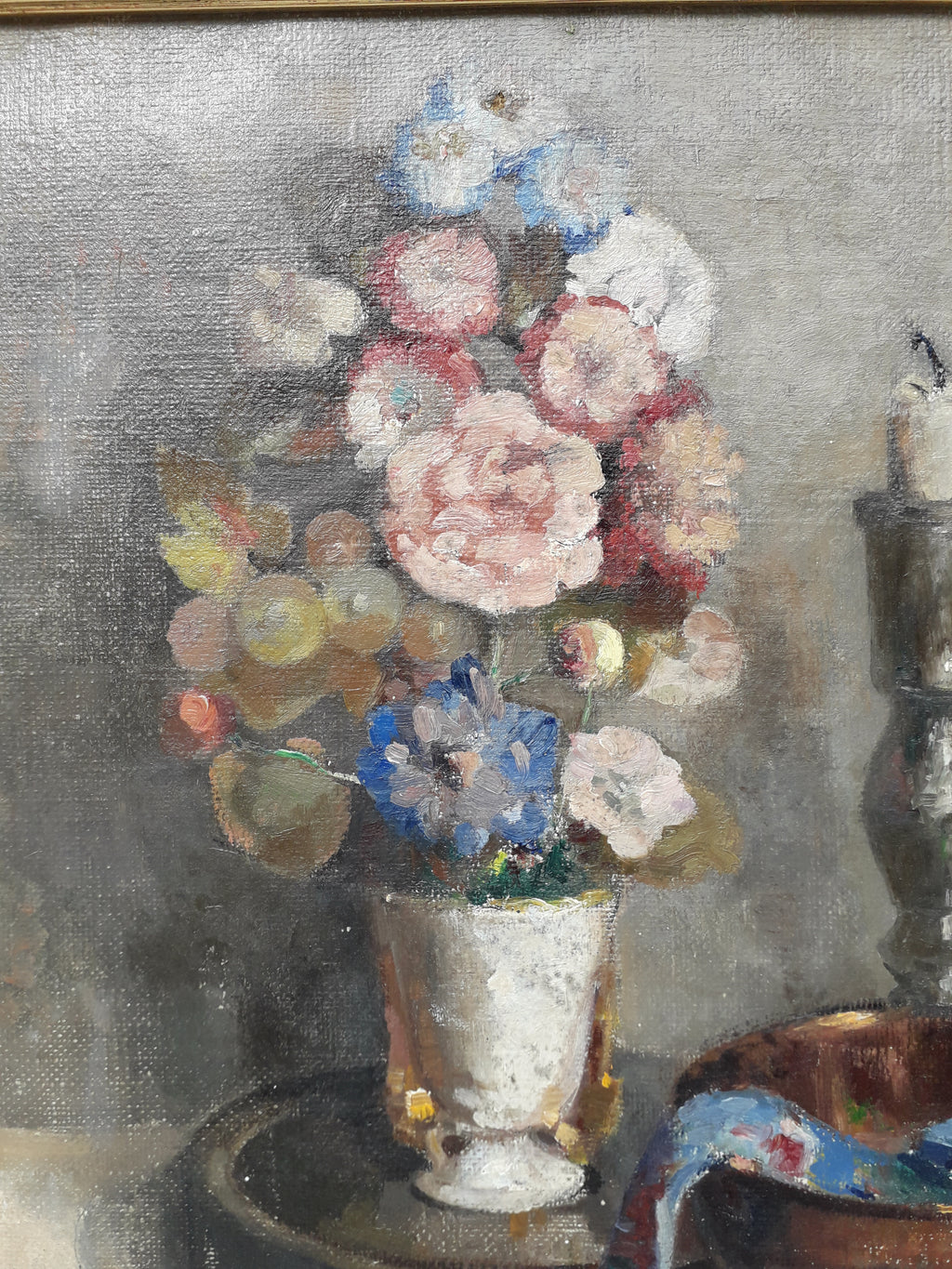 Original large French vintage/antique still life painting on canvas created with confident, thick oil paint and presented within a suitable although more modern frame - a beautiful piece of original art. On the back of the canvas frame someone has written 'Denis Bruneau ou Brunaud', so I assume he's the artist although I cannot see a signature to confirm this. In summary a really beautiful piece of original art bought at a French auction.