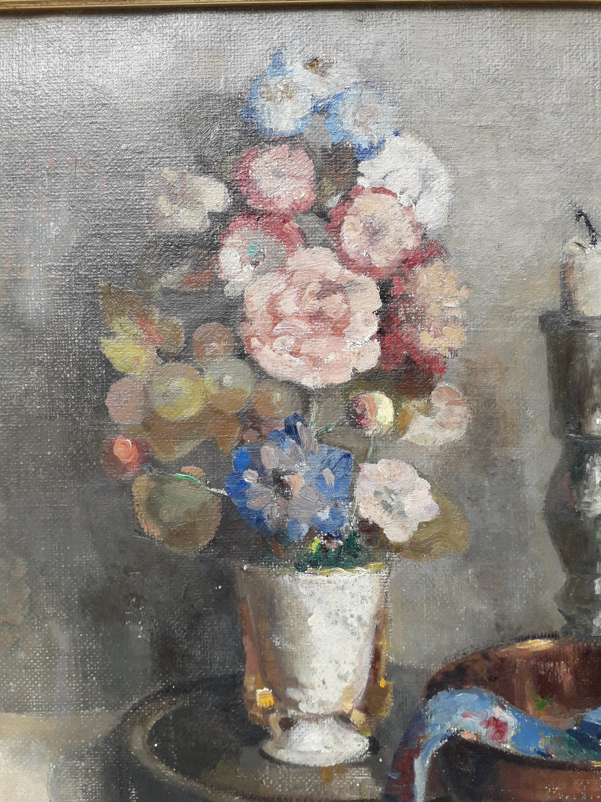 Original large French vintage/antique still life painting on canvas created with confident, thick oil paint and presented within a suitable although more modern frame - a beautiful piece of original art. On the back of the canvas frame someone has written 'Denis Bruneau ou Brunaud', so I assume he's the artist although I cannot see a signature to confirm this. In summary a really beautiful piece of original art bought at a French auction.