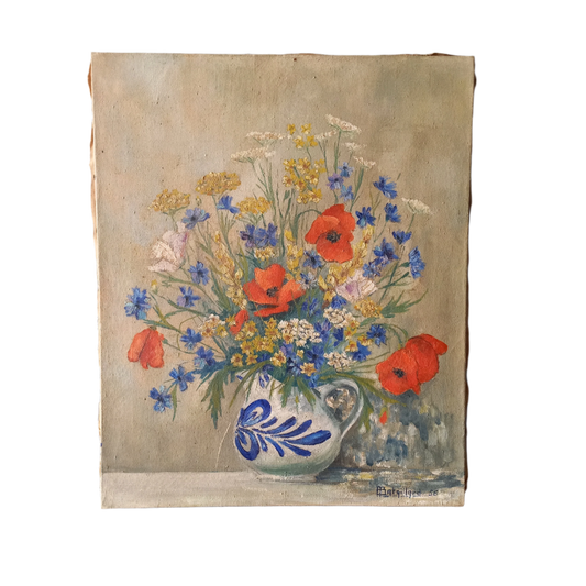 Large vintage floral still life oil painting on stretched canvas from France, painting of bright and colorful flowers, floral art