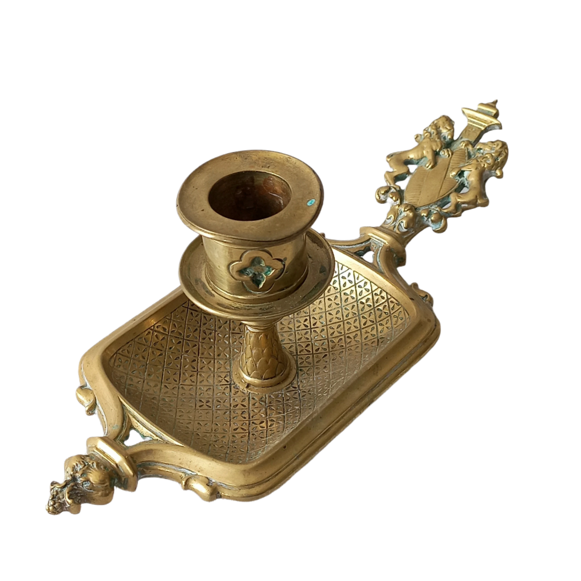 A French antique bronze/brass candle holder or chamber stick, a quality piece that is highly detailed with engraved patterns and a coat of arms with two lovely lions on the handle! This is a heavy piece for its small size and will make super home decor in any interior.