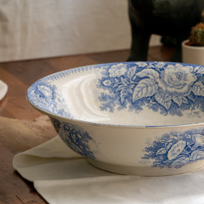 A large and beautiful antique white ironstone bowl or wash basin with blue floral pattern by premier French manufacturer, Sarreguemines.
This piece is circa. 1875 - 1900 so well over 100 years old! 
A stunning piece of original antique ironstone from France that will make excellent home decor.