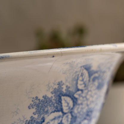 A large and beautiful antique white ironstone bowl or wash basin with blue floral pattern by premier French manufacturer, Sarreguemines.
This piece is circa. 1875 - 1900 so well over 100 years old! 
A stunning piece of original antique ironstone from France that will make excellent home decor.