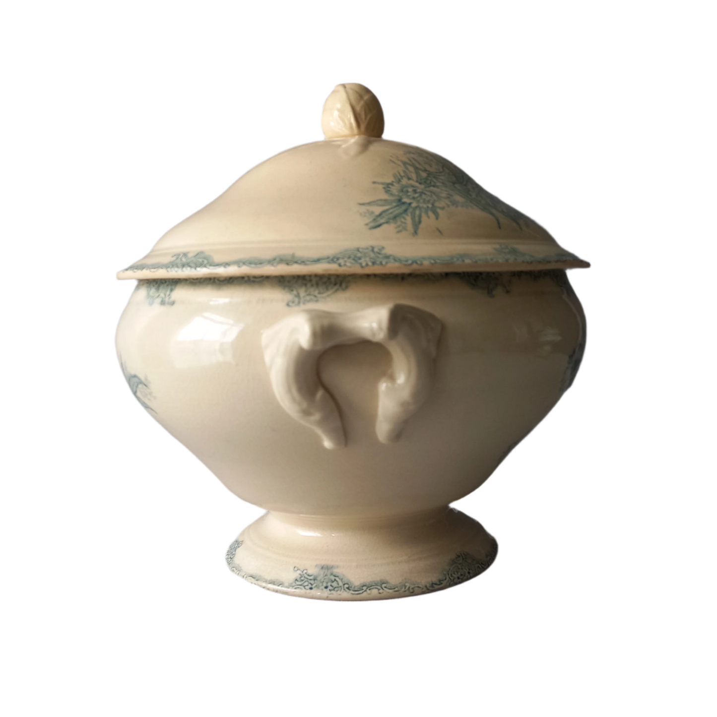 French antique creamy white and blue green soup tureen, teal ironstone bowl, faded and stained ironstone, country farmhouse decor