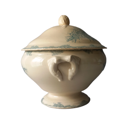 French antique creamy white and blue green soup tureen, teal ironstone bowl, faded and stained ironstone, country farmhouse decor