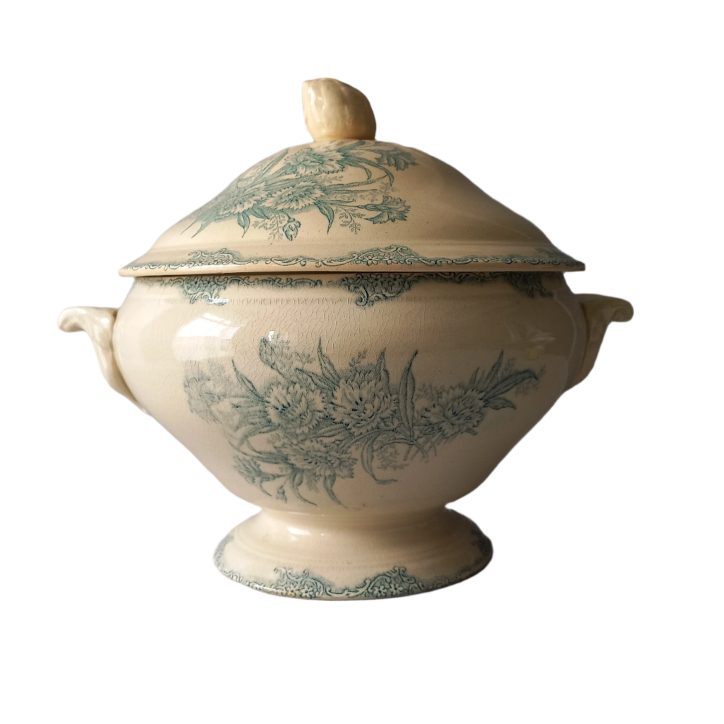 French antique creamy white and blue green soup tureen, teal ironstone bowl, faded and stained ironstone, country farmhouse decor