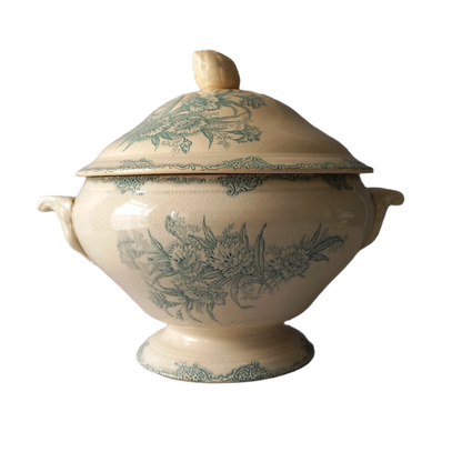French antique creamy white and blue green soup tureen, teal ironstone bowl, faded and stained ironstone, country farmhouse decor