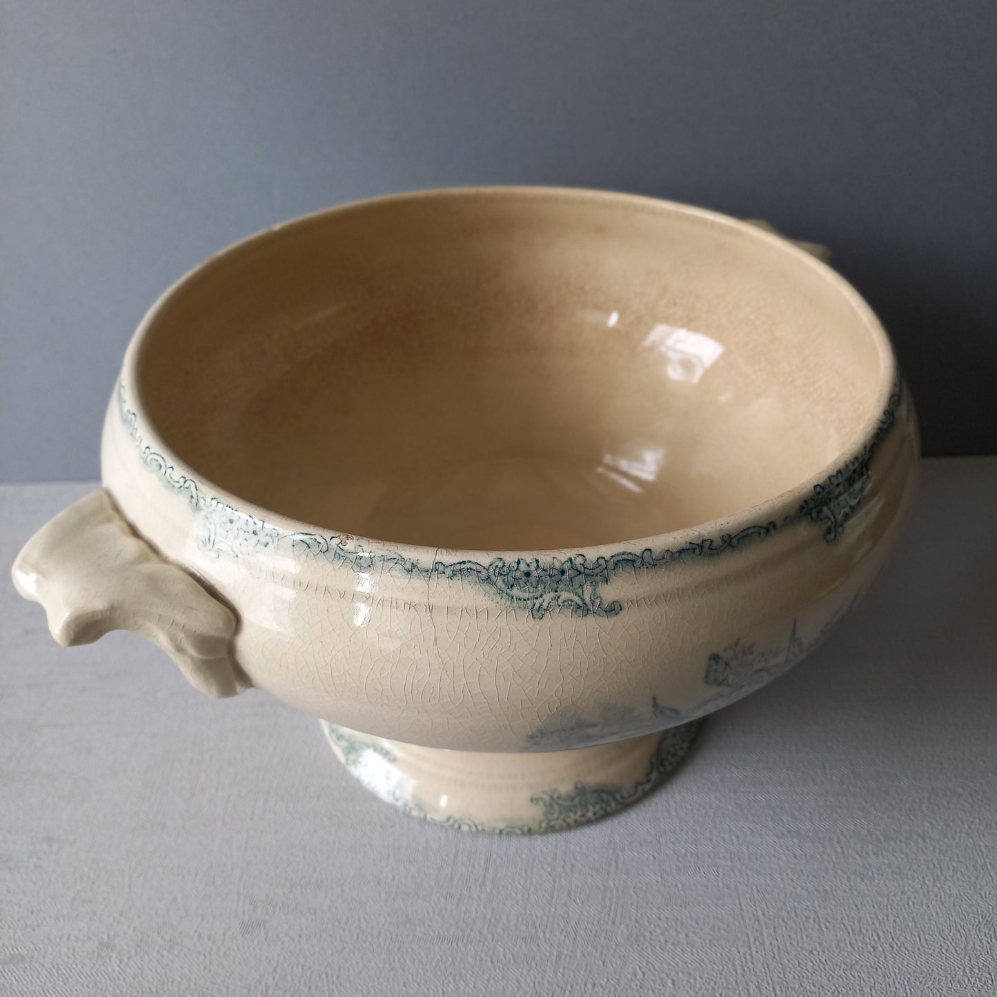 French antique creamy white and blue green soup tureen, teal ironstone bowl, faded and stained ironstone, country farmhouse decor