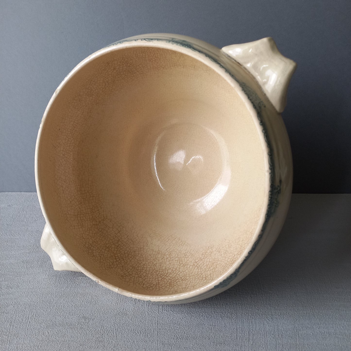 French antique creamy white and blue green soup tureen, teal ironstone bowl, faded and stained ironstone, country farmhouse decor