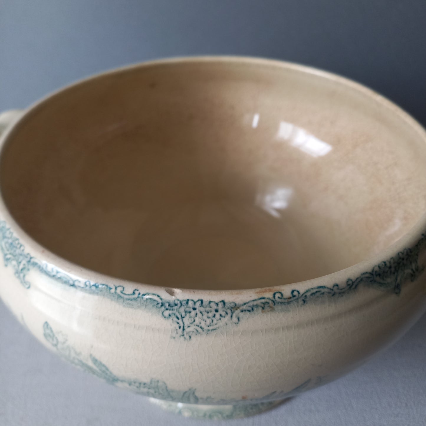 French antique creamy white and blue green soup tureen, teal ironstone bowl, faded and stained ironstone, country farmhouse decor