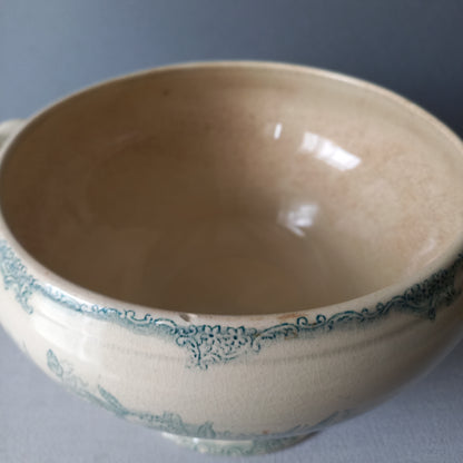 French antique creamy white and blue green soup tureen, teal ironstone bowl, faded and stained ironstone, country farmhouse decor