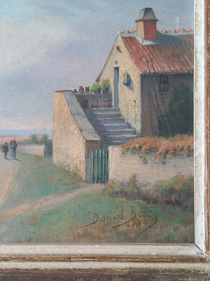 Painting of a rustic building with a red roof and a small garden