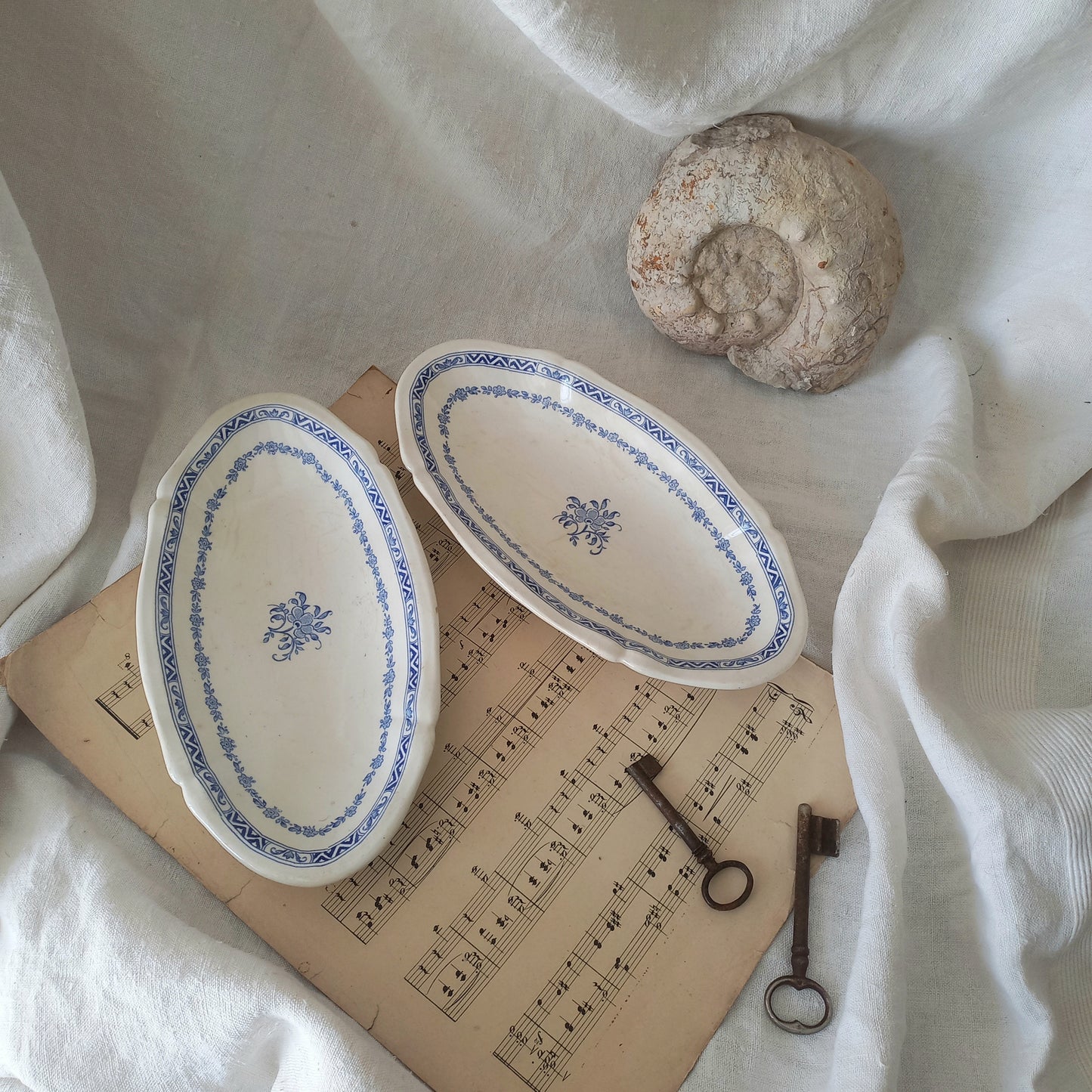 A beautiful pair of French vintage white ironstone side plates or raviers with attractive blue designs. These particular pieces were manufactured by Gien.