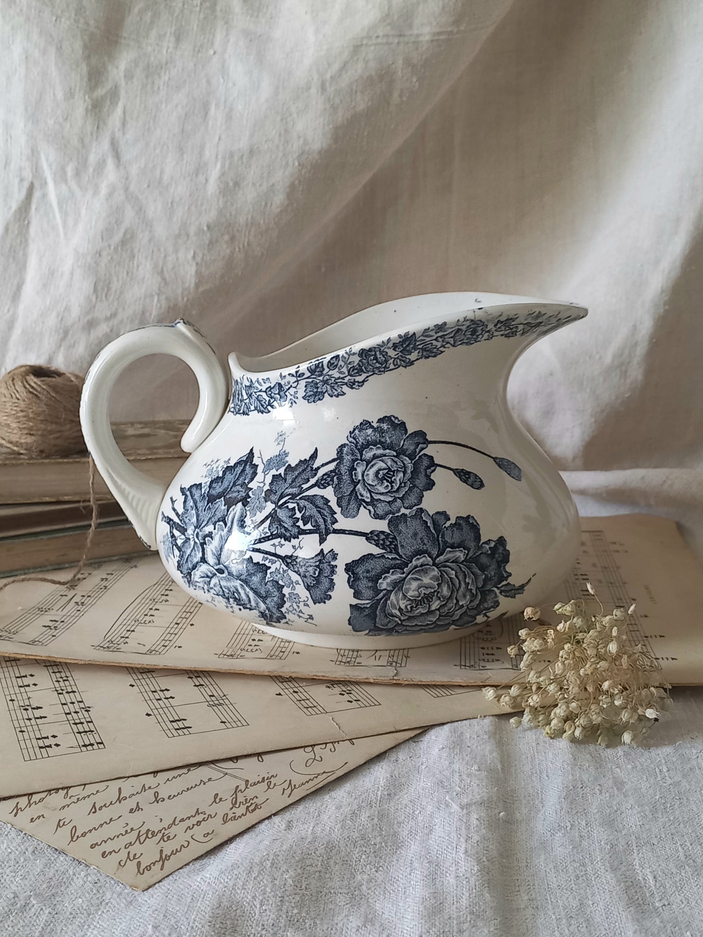 French Antique White Ironstone Jug Pitcher With Blue Floral Pattern