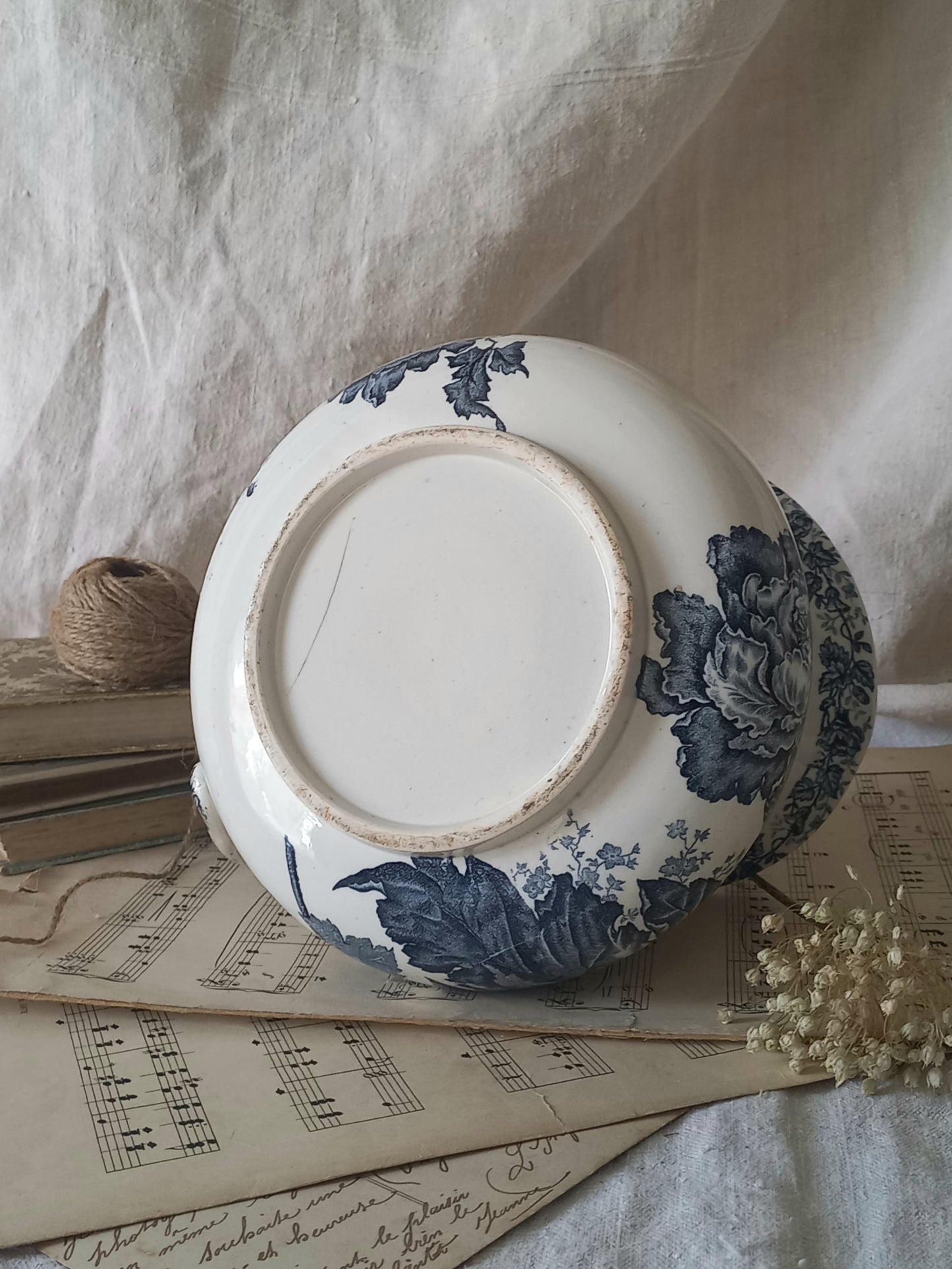 French Antique White Ironstone Jug Pitcher With Blue Floral Pattern