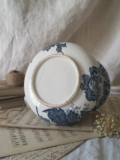 French Antique White Ironstone Jug Pitcher With Blue Floral Pattern