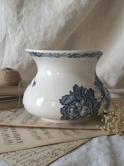 French Antique White Ironstone Jug Pitcher With Blue Floral Pattern