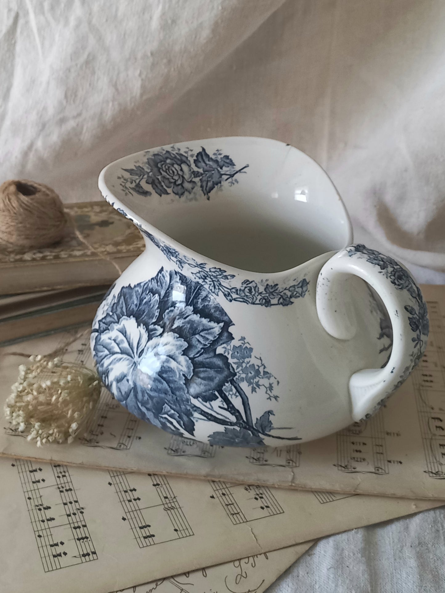 French Antique White Ironstone Jug Pitcher With Blue Floral Pattern