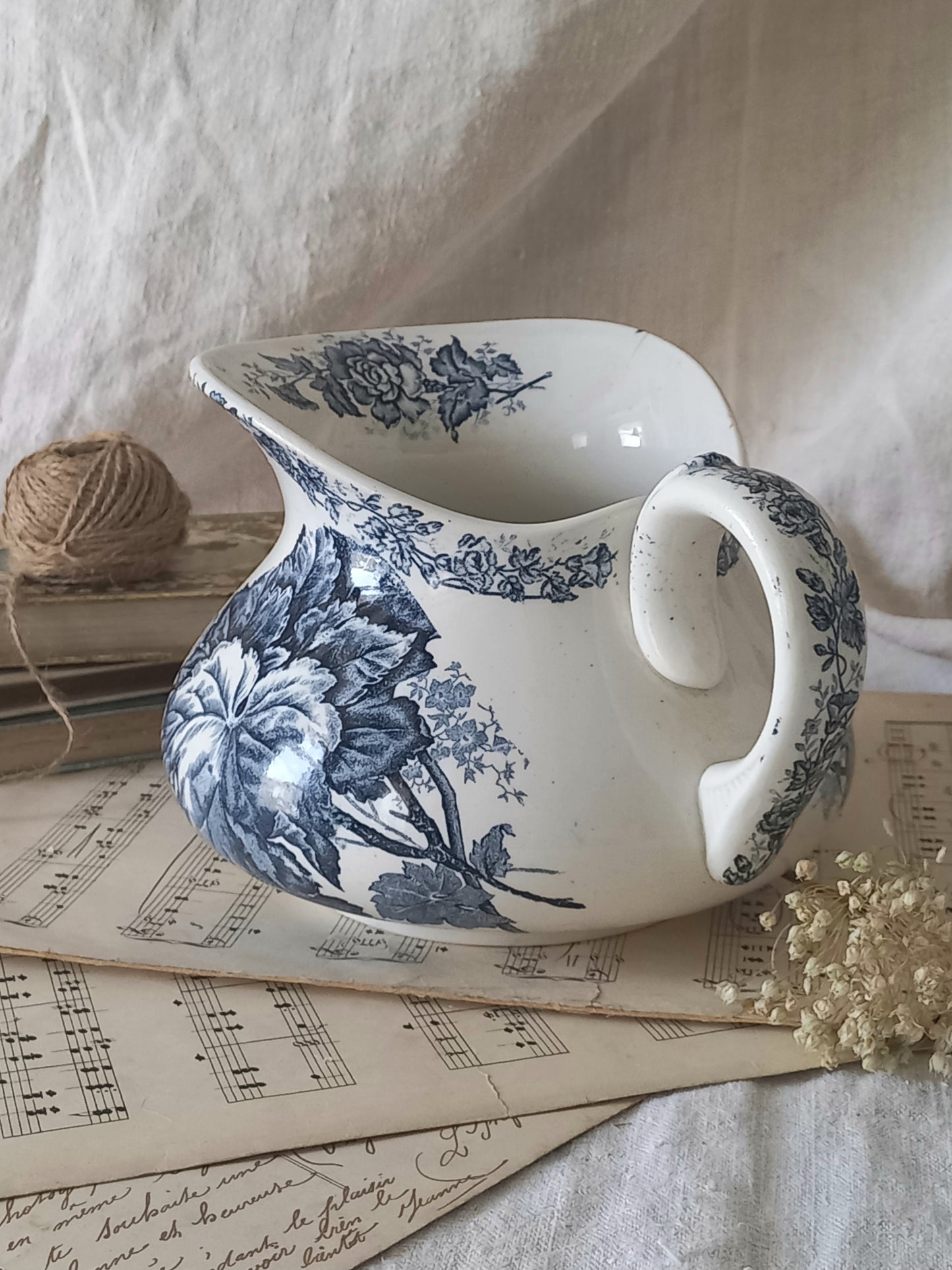 French Antique White Ironstone Jug Pitcher With Blue Floral Pattern
