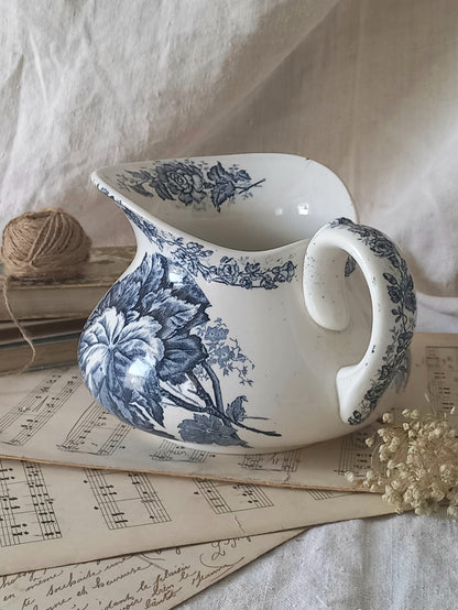 French Antique White Ironstone Jug Pitcher With Blue Floral Pattern