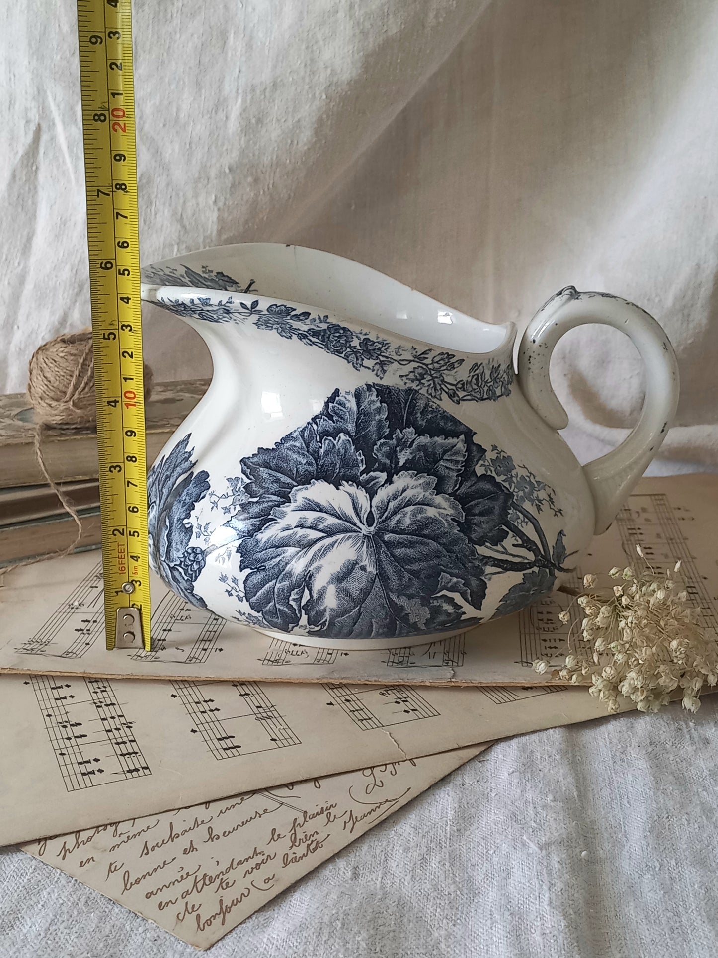 French Antique White Ironstone Jug Pitcher With Blue Floral Pattern