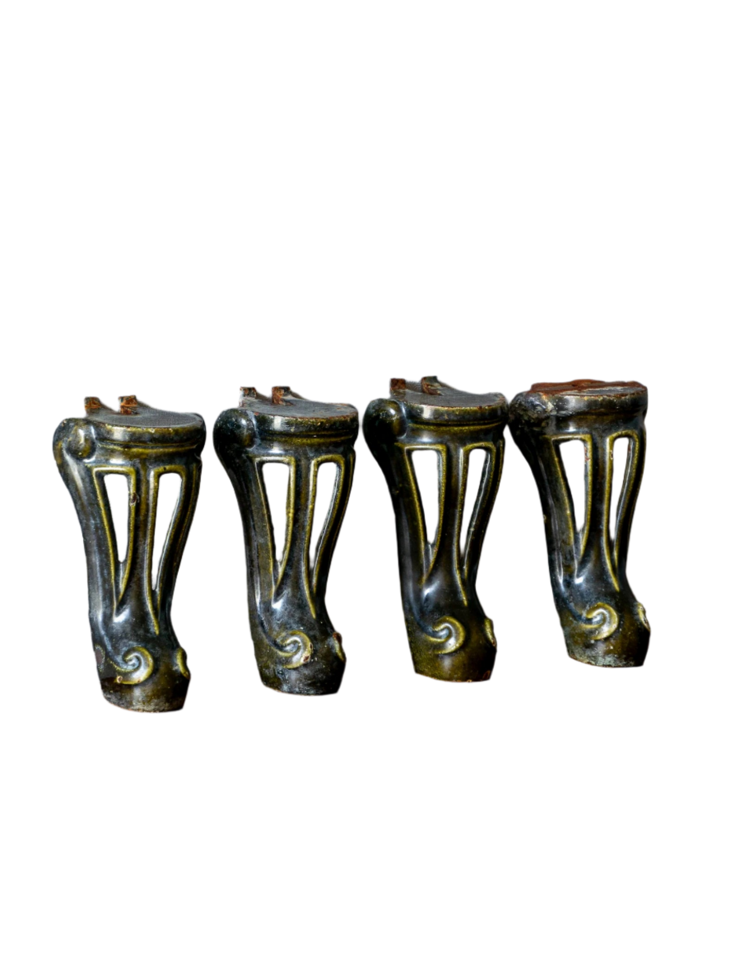 A set of 4 French vintage/antique cast iron bath feet / furniture feet with green enamel finishes, beautifully detailed and decorative pieces perfect for finishing a furniture project.