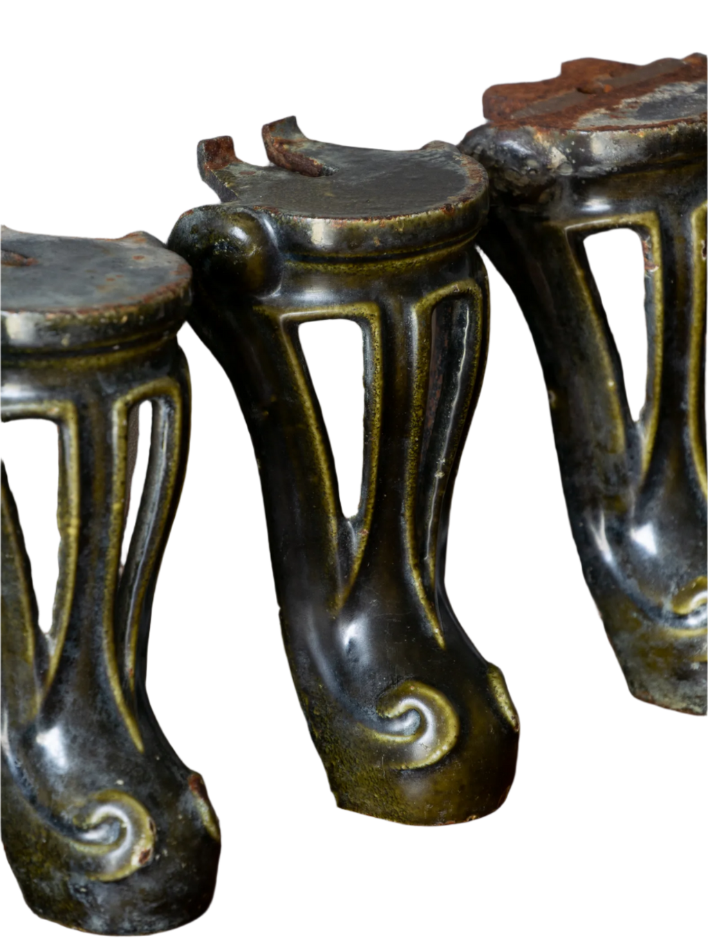 A set of 4 French vintage/antique cast iron bath feet / furniture feet with green enamel finishes, beautifully detailed and decorative pieces perfect for finishing a furniture project.