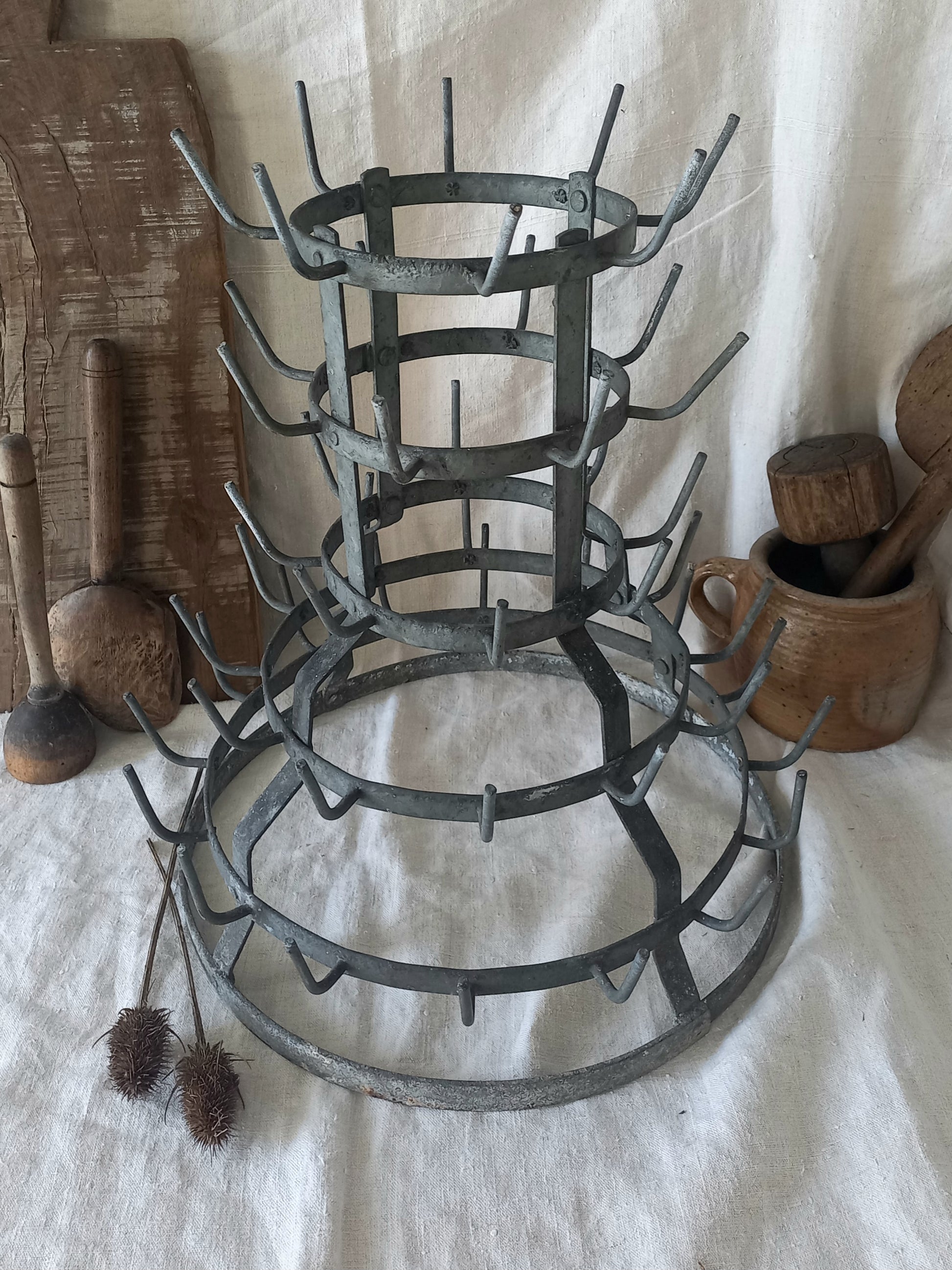 A large French vintage metal/zinc bottle dryer known as a 'hedgehog' 