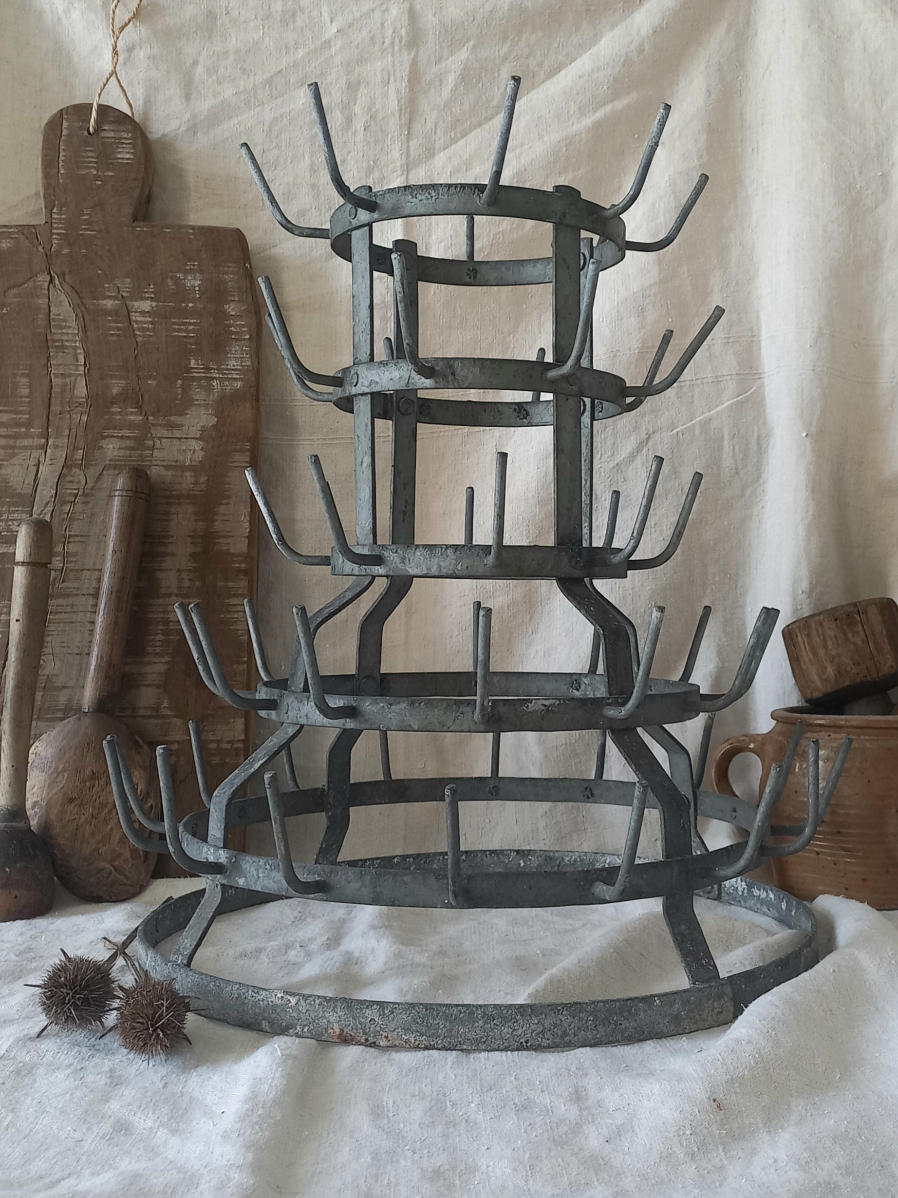 A large French vintage metal/zinc bottle dryer known as a 'hedgehog' 
