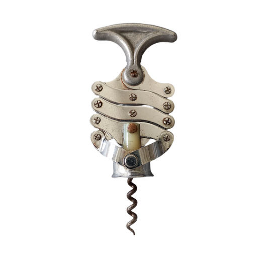A stylish vintage concertina bottle opener from France, a heavy and quality piece in working condition.

The corkscrew has been well-used and has plenty of age-related wear such as scratches, staining, and worn silver coating in places with mild rusty patina showing through.

A great addition for a corkscrew/bottle opener collection.