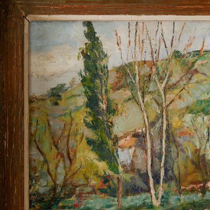 An original vintage landscape oil painting depicting a charming country home in among a wooded area with hills in the background. In the foreground a gentle river reflects the trees in the background.

The painting has been painted by an experienced artist with confident brush strokes - a really wonderful piece of original art.

The painting is presented in an old worn wooden frame which we love and think others will too - it really suits this piece. 