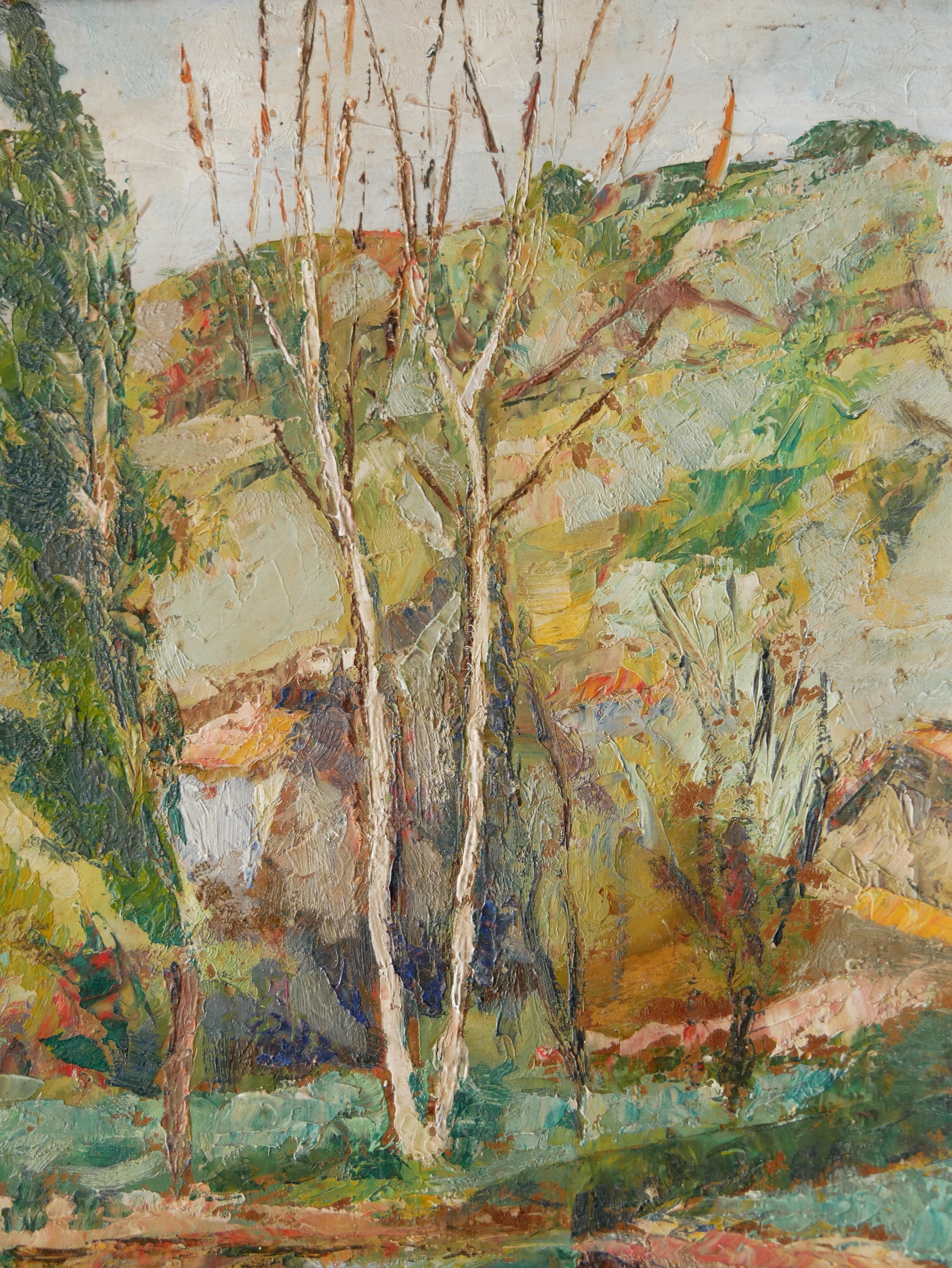 An original vintage landscape oil painting depicting a charming country home in among a wooded area with hills in the background. In the foreground a gentle river reflects the trees in the background.

The painting has been painted by an experienced artist with confident brush strokes - a really wonderful piece of original art.

The painting is presented in an old worn wooden frame which we love and think others will too - it really suits this piece. 