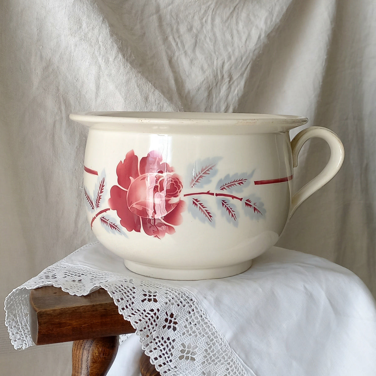 French Vintage Ironstone Chamber Pot with Rose Transferware Pattern