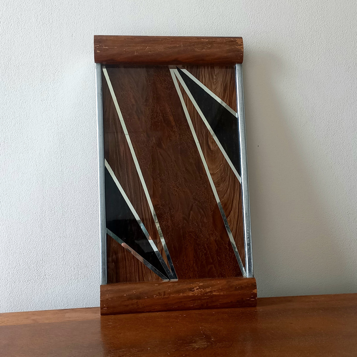 Vintage French Wood & Glass Tray, Mid-century Decorative Accent c.1950s