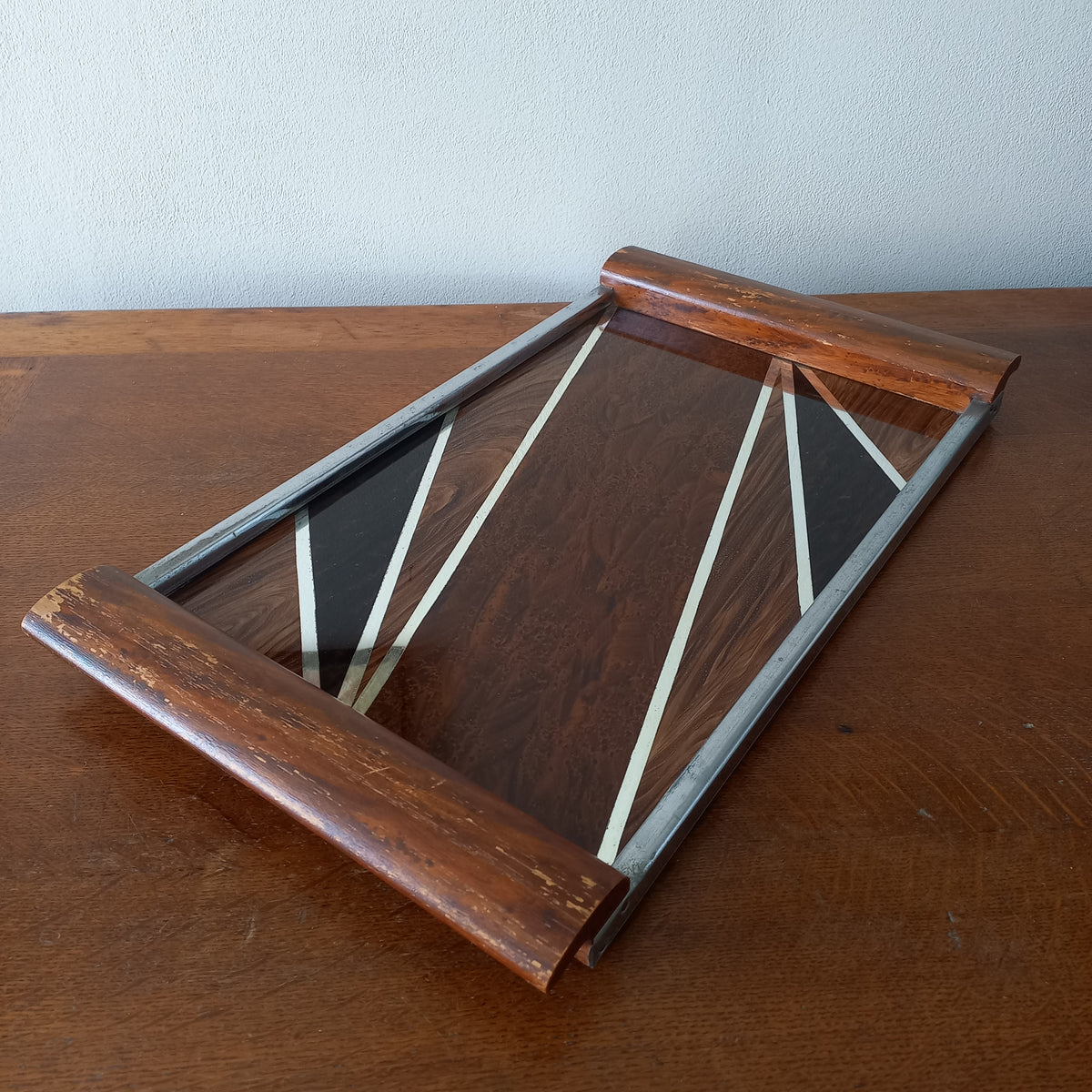 Vintage French Wood & Glass Tray, Mid-century Decorative Accent c.1950s