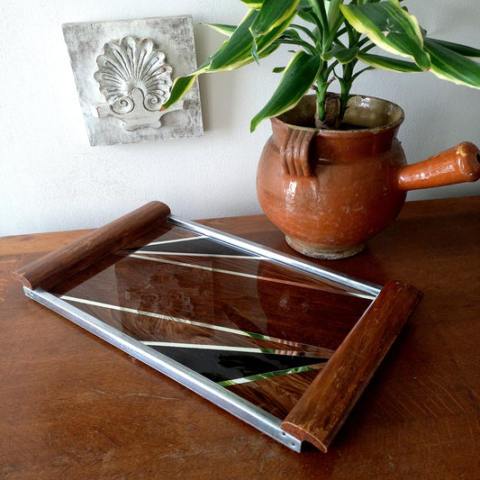 Vintage French Wood & Glass Tray, Mid-century Decorative Accent c.1950s