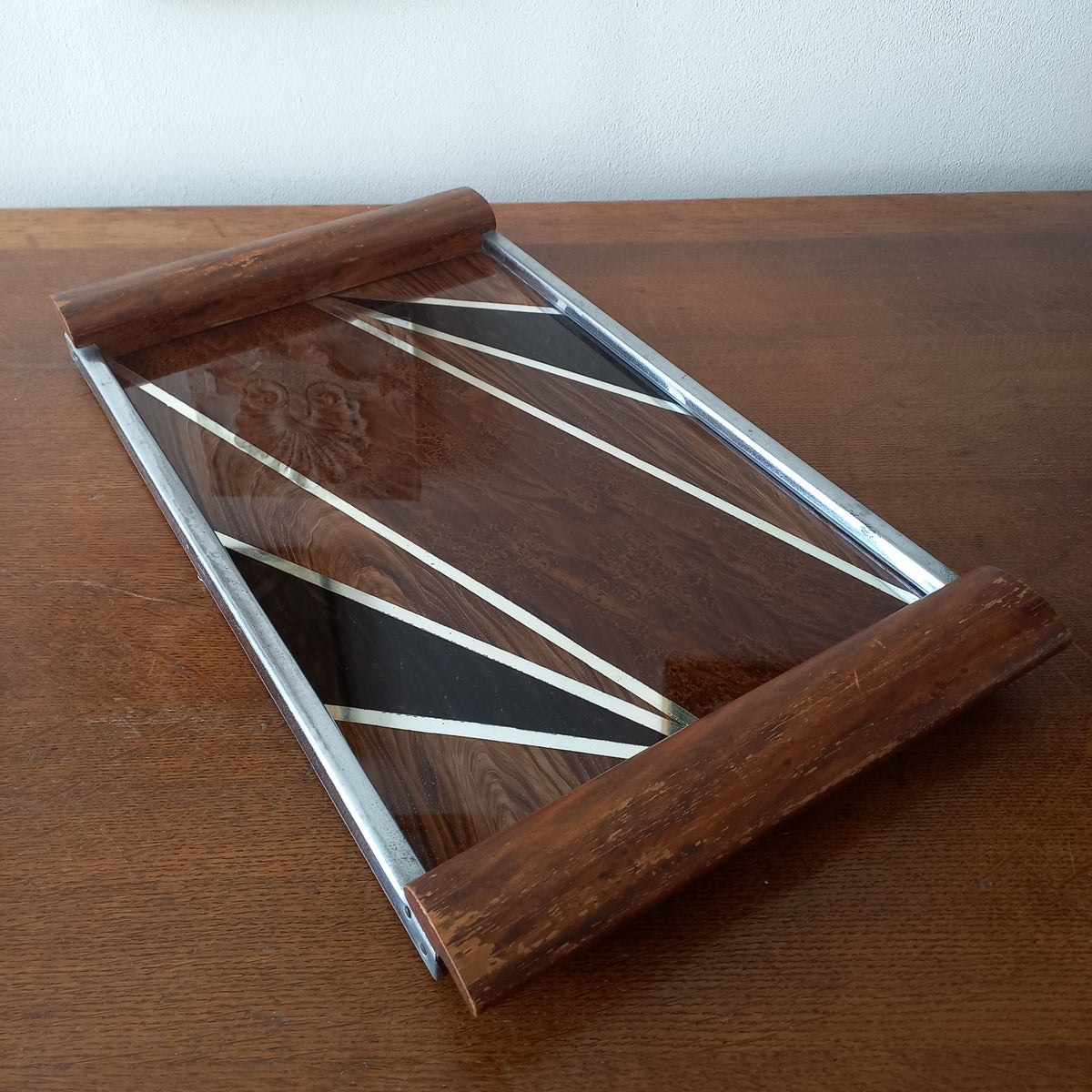 Vintage French Wood & Glass Tray, Mid-century Decorative Accent c.1950s