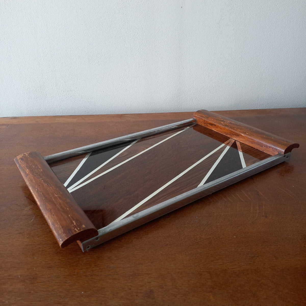 Vintage French Wood & Glass Tray, Mid-century Decorative Accent c.1950s