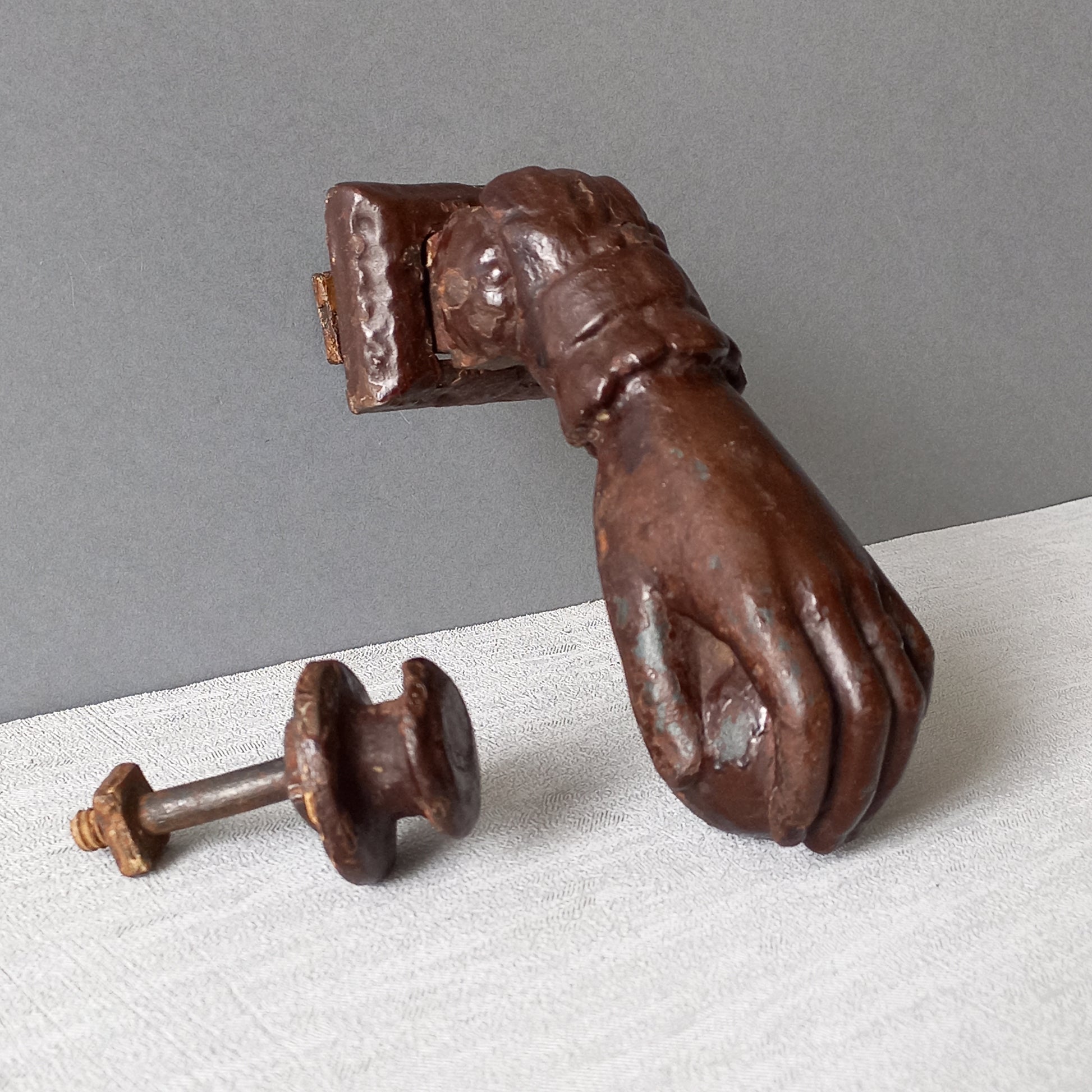 A French decorative antique cast-iron female hand door knocker, an original piece of door decor which is a quality and solid piece with shabby chic finish.