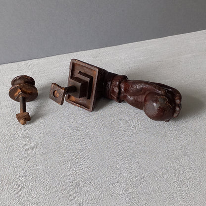 A French decorative antique cast-iron female hand door knocker, an original piece of door decor which is a quality and solid piece with shabby chic finish.