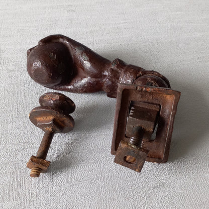 A French decorative antique cast-iron female hand door knocker, an original piece of door decor which is a quality and solid piece with shabby chic finish.